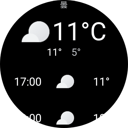 スマートウォッチの画面に表示された当日の天気予報と気温の画面